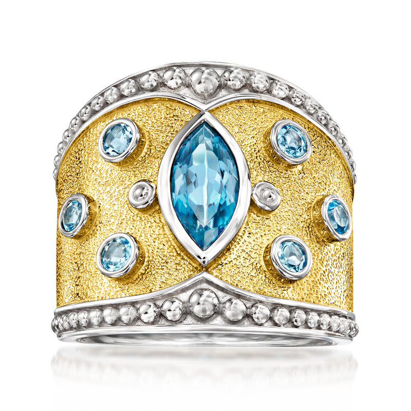 Gold over sterling topaz ring with oval blue center, round blue stones, silver border