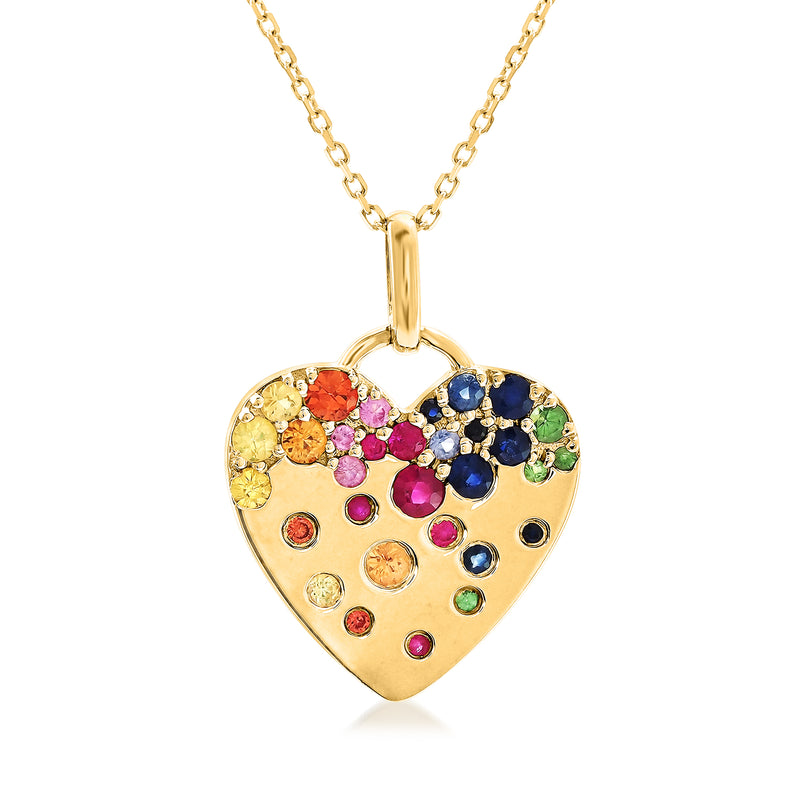 14kt yellow gold heart pendant necklace with multicolor gemstone studs