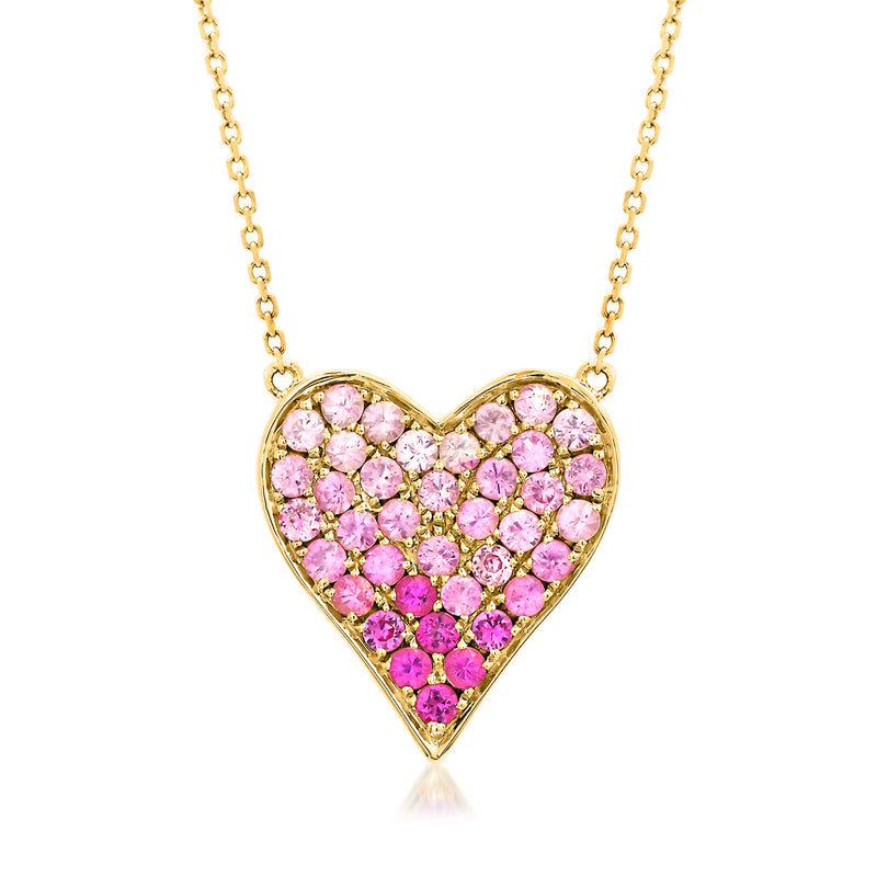 14kt yellow gold heart necklace with pink sapphire stone cluster pendant