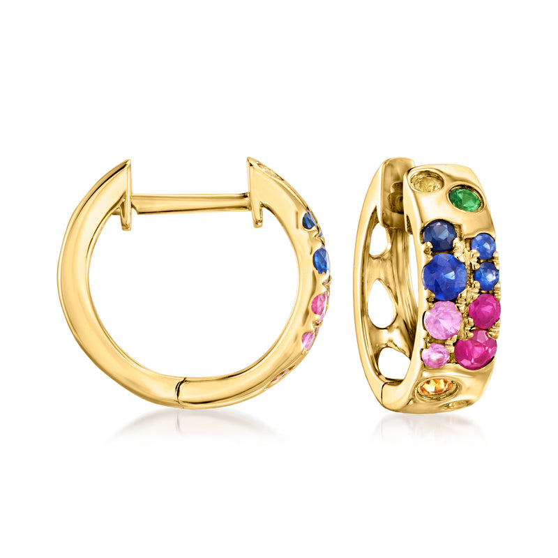 14kt yellow gold hoop earrings with blue, pink, and green gemstones