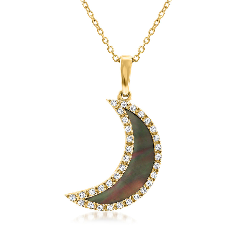 14kt yellow gold necklace with gray mother-of-pearl moon pendant and diamond halo