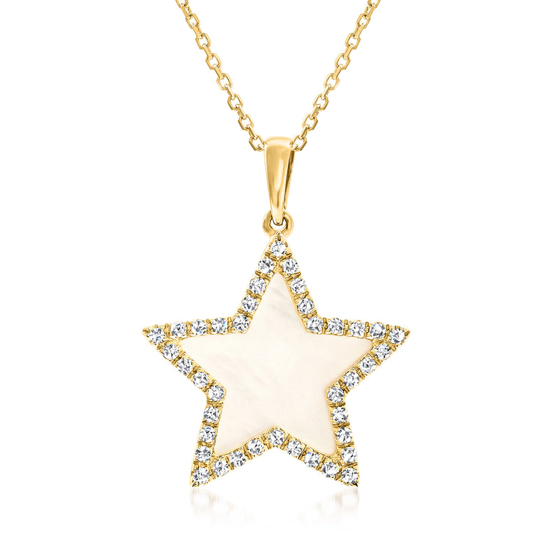 14kt yellow gold star pendant necklace with mother-of-pearl center and diamond accents