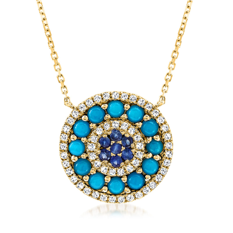 14k yellow gold circle necklace with sapphire, turquoise accents, and diamond halo
