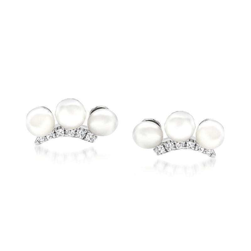 Cultured pearl curved post earrings with diamond accents in 14kt white gold