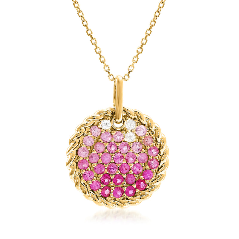 Circle pendant necklace with white and pink sapphires in 14kt yellow gold