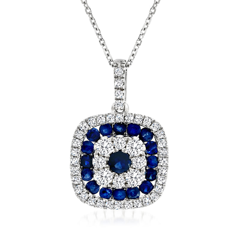 14kt white gold sapphire and diamond halo pendant necklace with round blue center stones