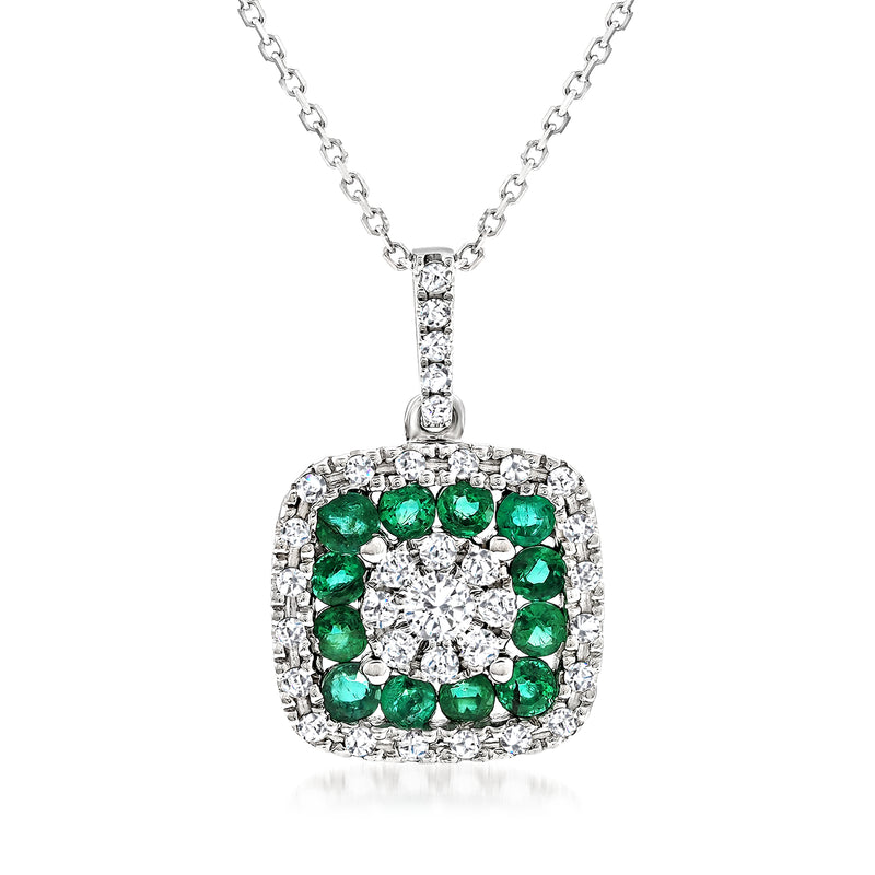 14kt white gold emerald and diamond cluster pendant necklace with round center stone
