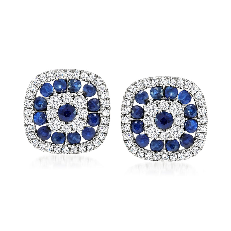14kt white gold sapphire and diamond stud earrings with round blue sapphire halo