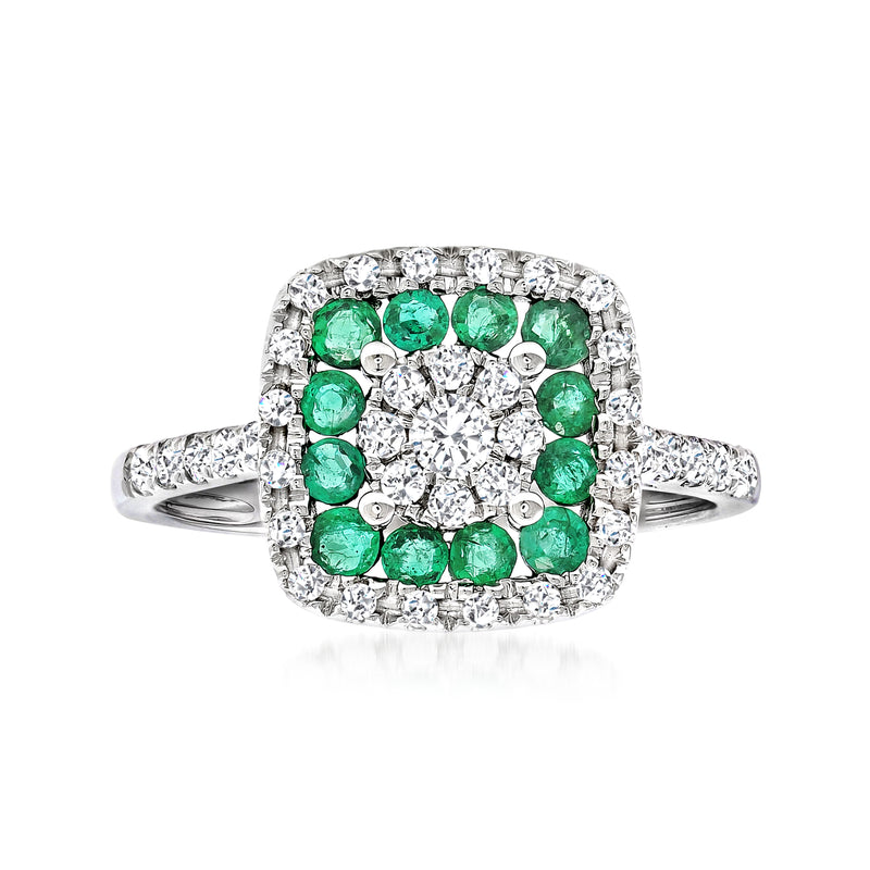 14kt white gold emerald and diamond cluster ring with green emerald center and diamond halo