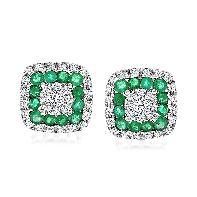 Square emerald and diamond halo stud earrings, white gold