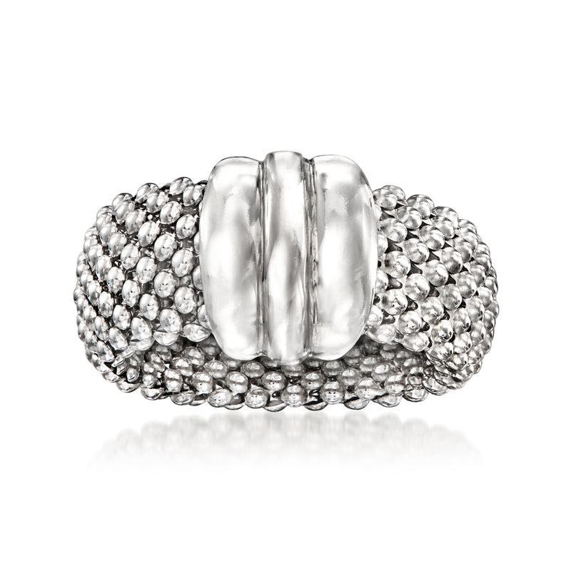 Sterling silver popcorn-chain ring with textured beaded band and polished oval top