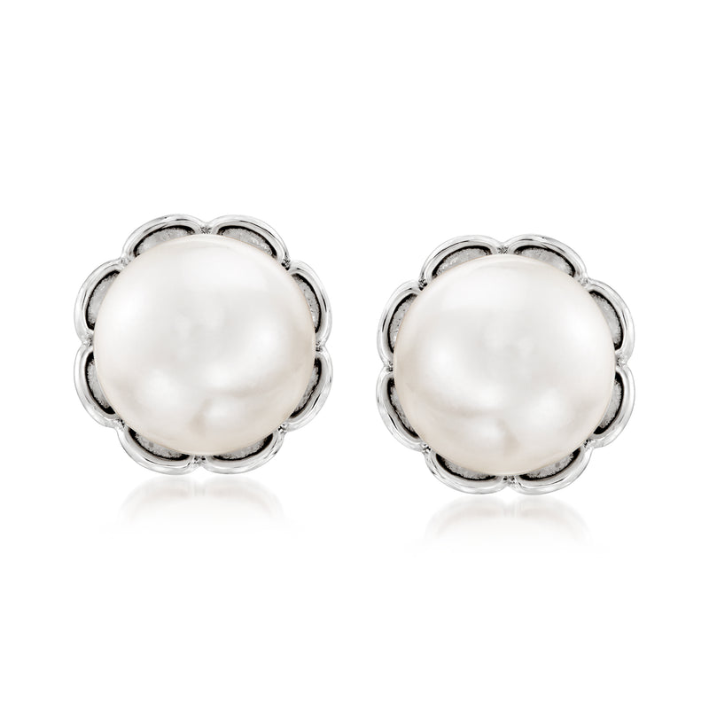 Sterling silver pearl scalloped stud earrings with white cultured pearl centers