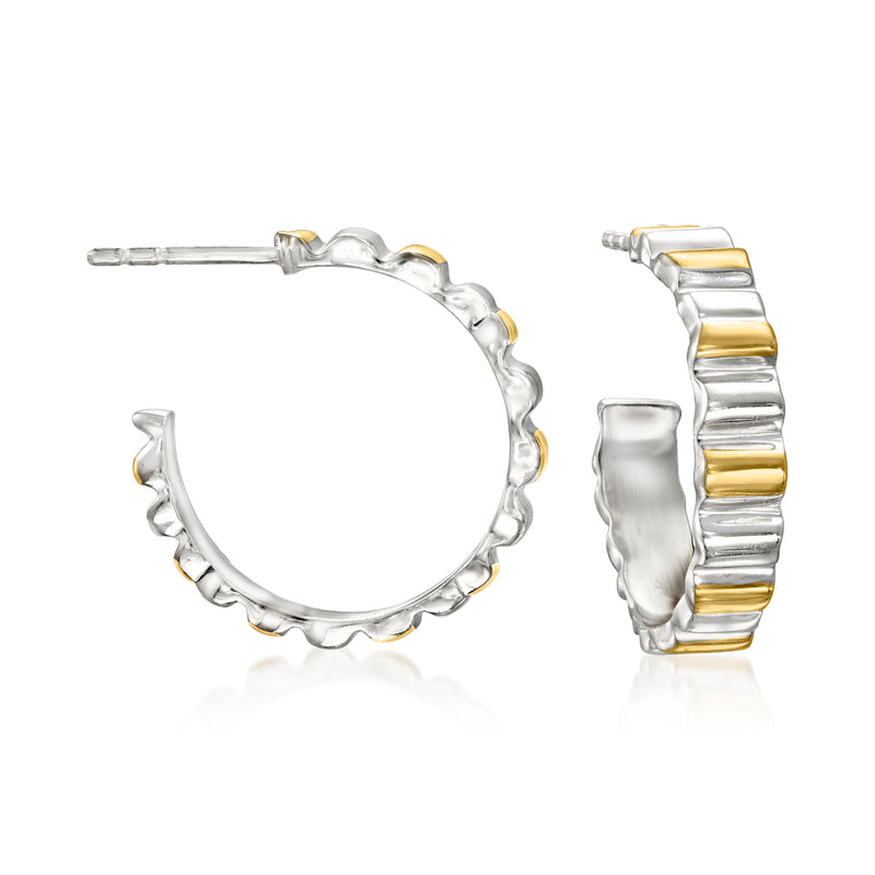 Two-tone ridged C-hoop earrings in sterling silver with gold-tone accents