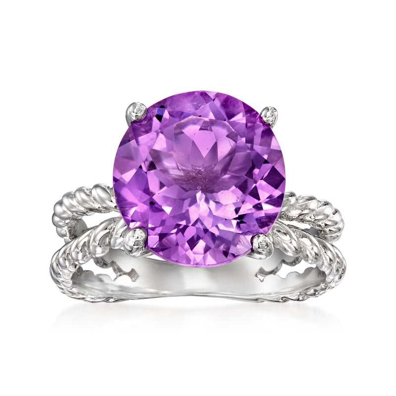 Sterling silver amethyst open-space roped ring with large oval purple gemstone