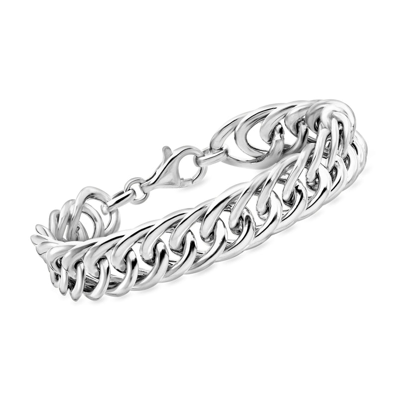 Sterling silver flat curb-link chain bracelet with lobster clasp and oval link pattern
