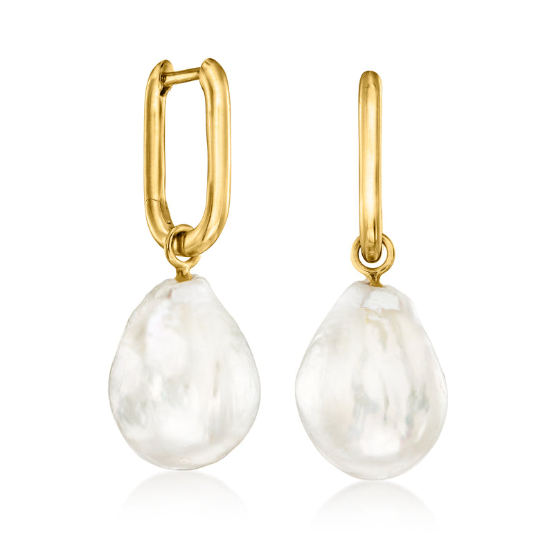 Gold hoop earrings with removable baroque pearl drop, white luster finish