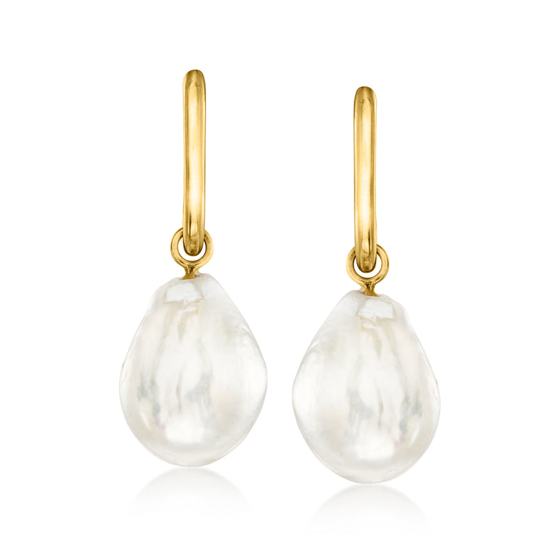 Gold hoop earrings with baroque pearl drops, rounded teardrop white pearl