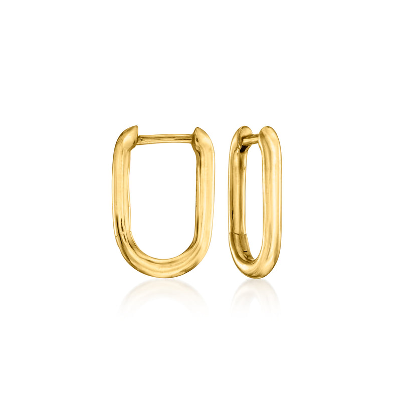 Gold hoop earrings pair, open rectangular hoops with no pearl drops visible
