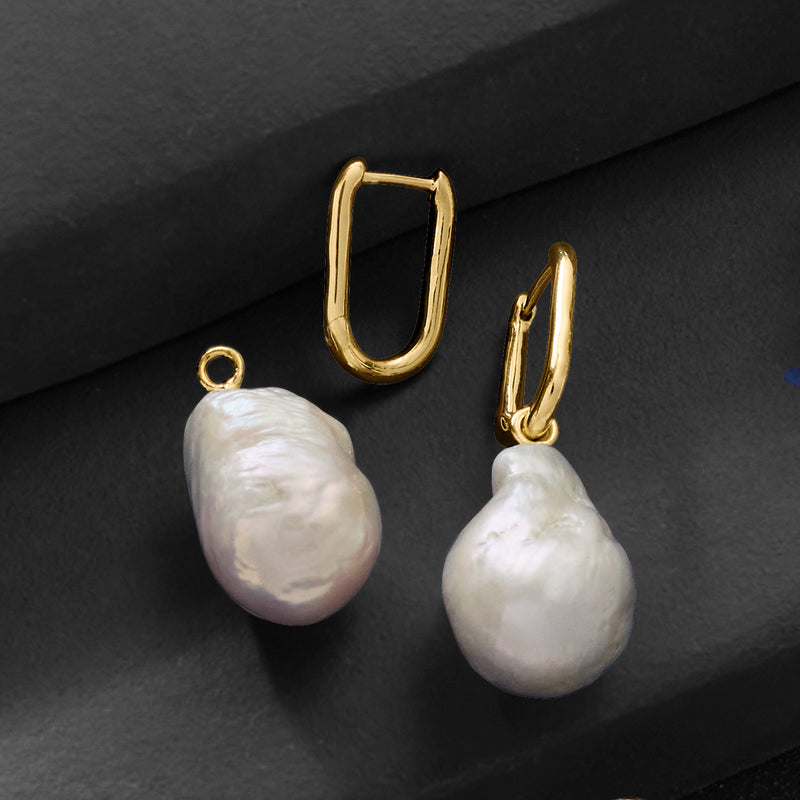 Gold hoop earrings with white baroque pearl drops, teardrop pearls