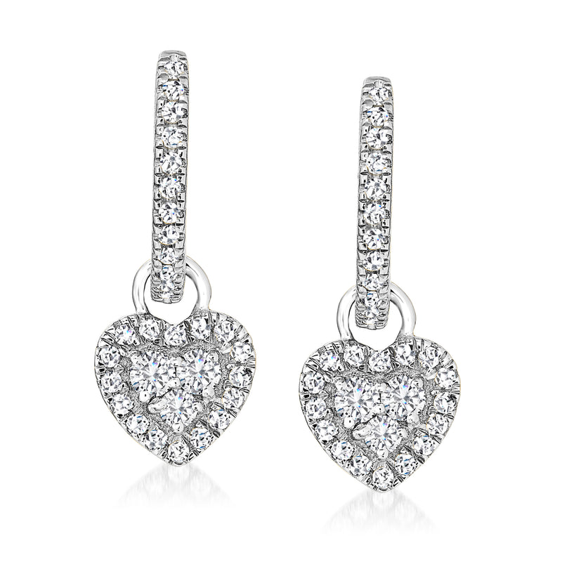 Sterling silver diamond heart hoop drop earrings with pavé heart pendants