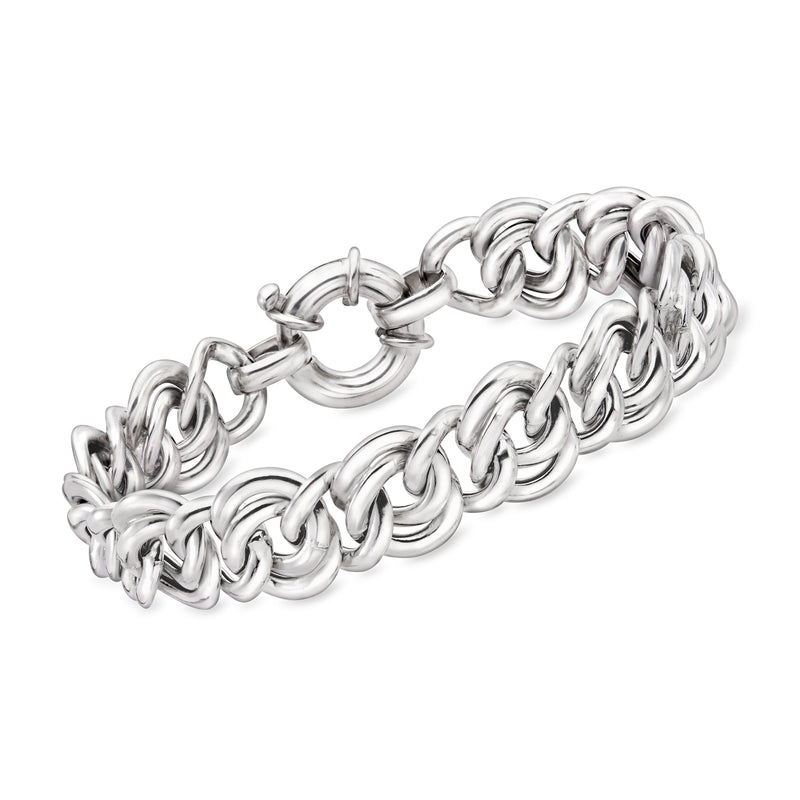 Sterling silver flat double-link bracelet with interlocking curb links
