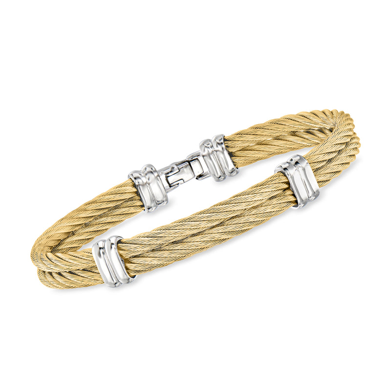 Yellow braided stainless steel cable bracelet with silver station clasps and buckles
