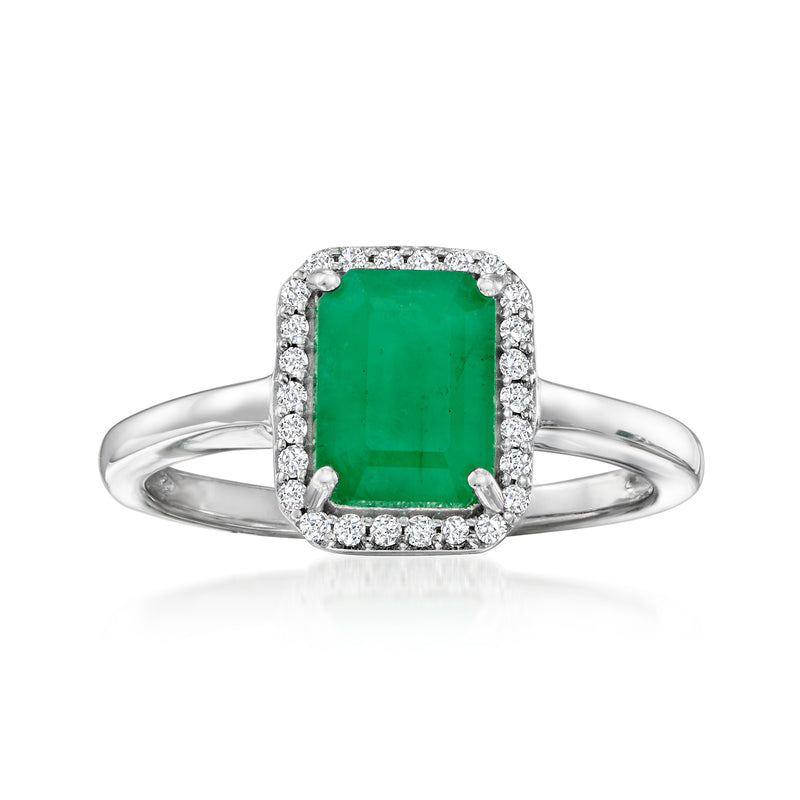 14kt white gold ring with square emerald-cut green gemstone and diamond halo