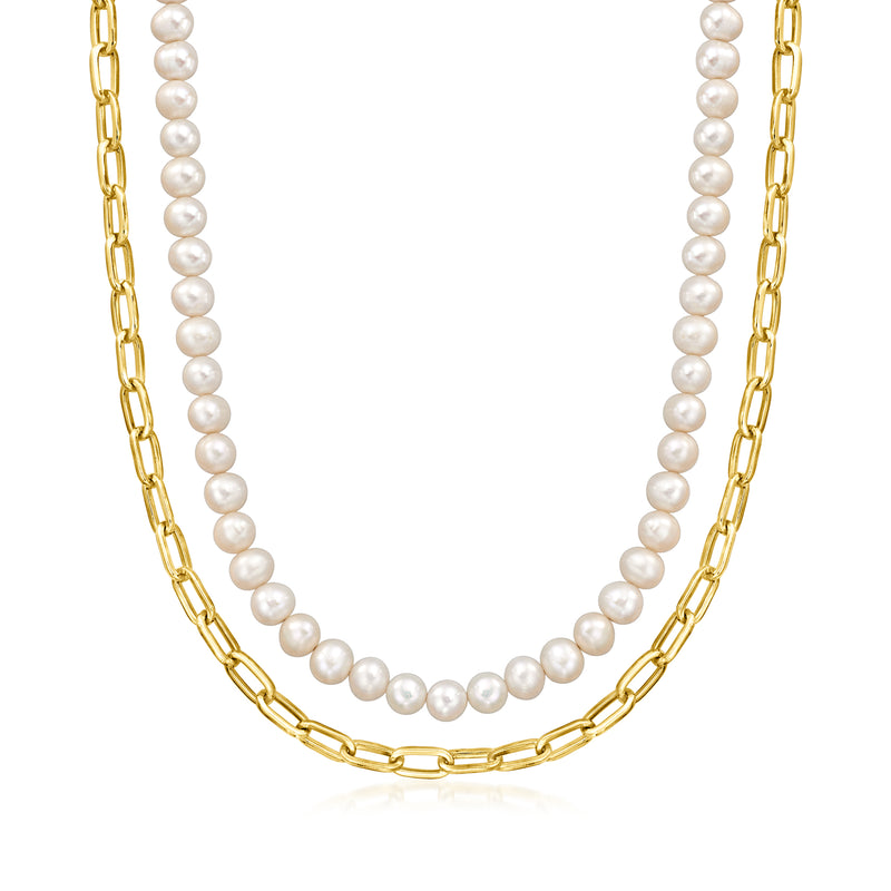 Layered necklace with paper-clip gold links and white cultured pearl strands