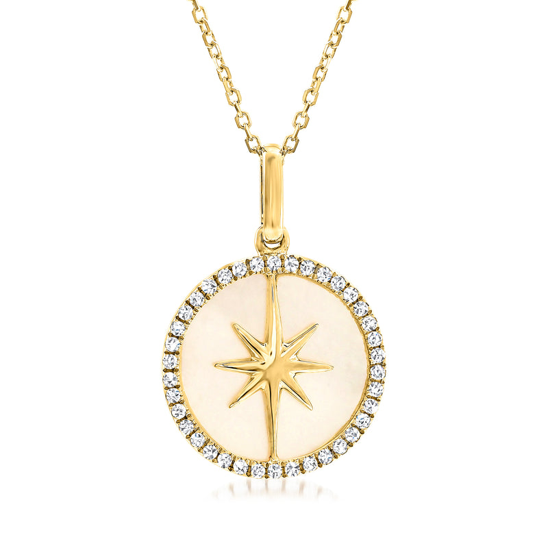 14kt yellow gold star pendant necklace with mother-of-pearl center and diamond halo
