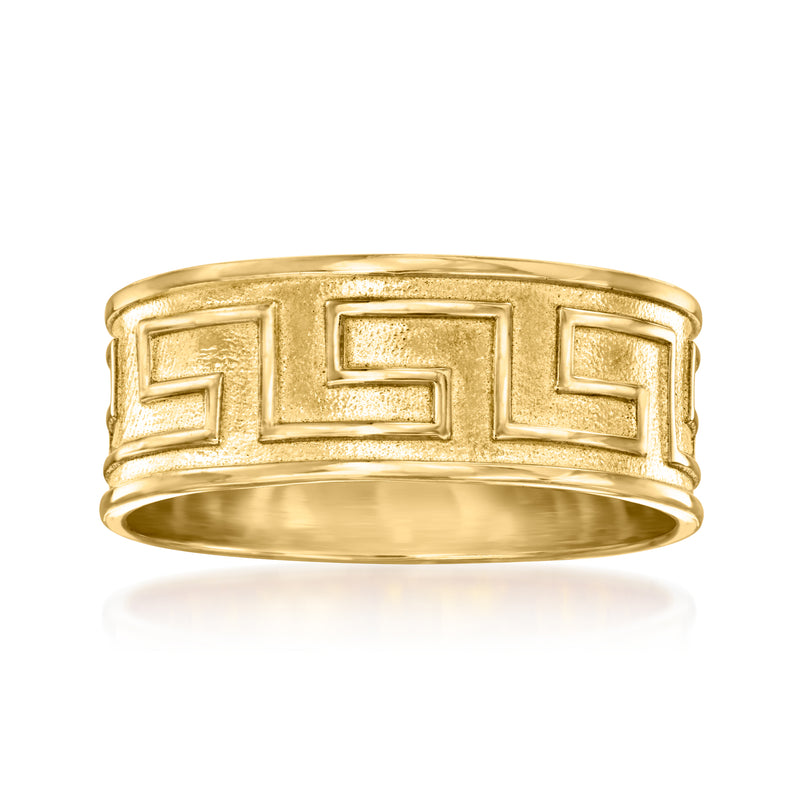Gold over sterling Greek key ring with raised geometric pattern, wide band