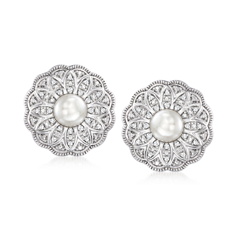 Sterling silver pearl and diamond milgrain stud earrings with post backs