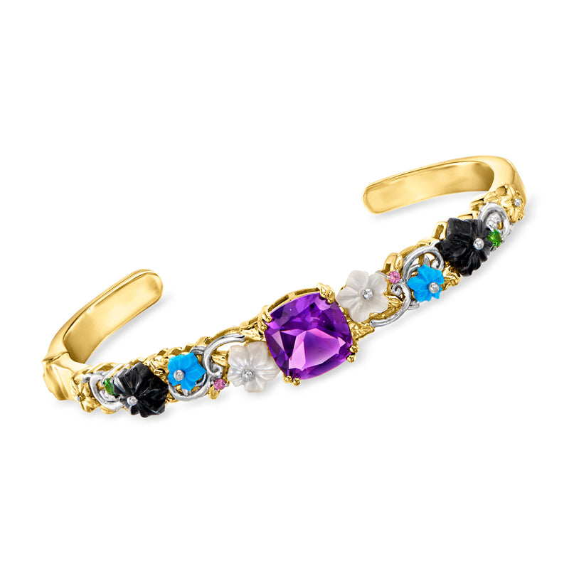 Two-tone floral cuff bracelet with purple amethyst center and multicolor gemstones.