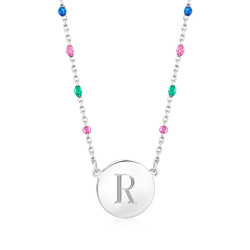 Sterling silver station necklace with round R pendant and multicolored enamel beads