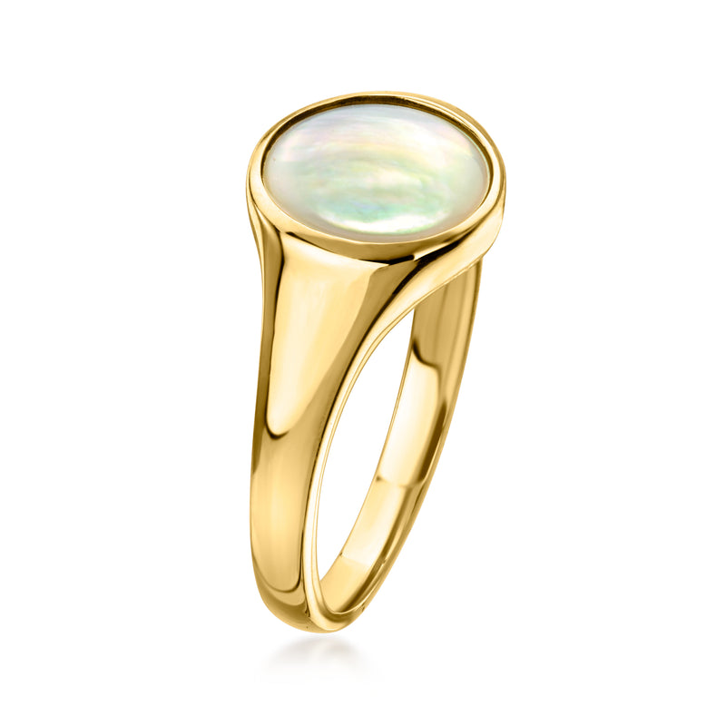 14kt yellow gold mother-of-pearl oval signet-style ring, side view