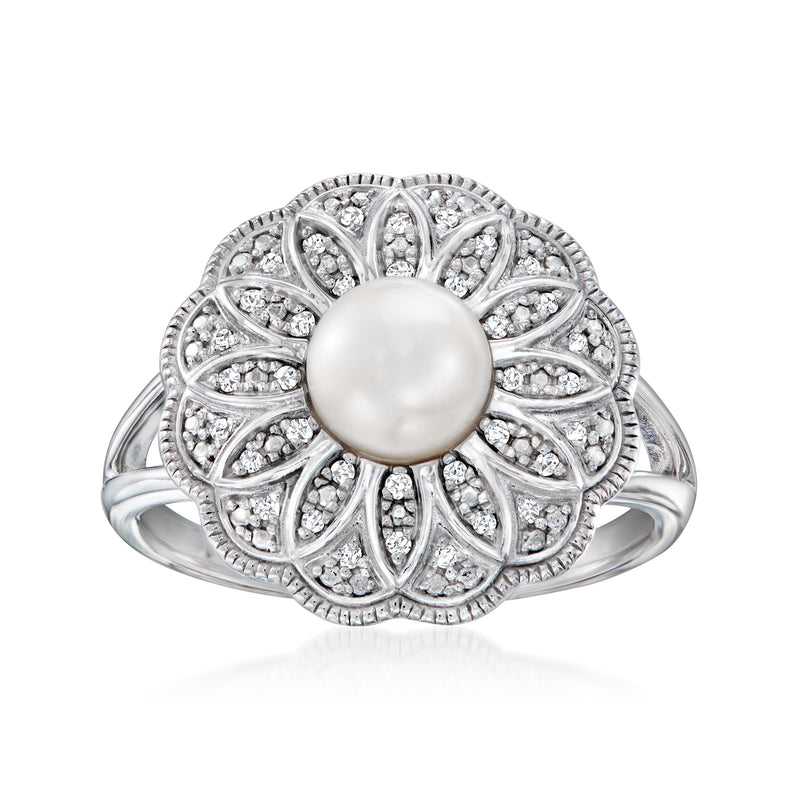 Sterling silver cultured pearl ring with diamond floral milgrain design