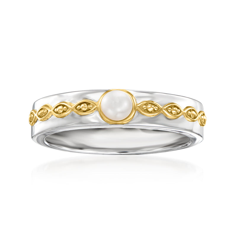 Two-tone sterling silver ring with cultured pearl and gold border accents