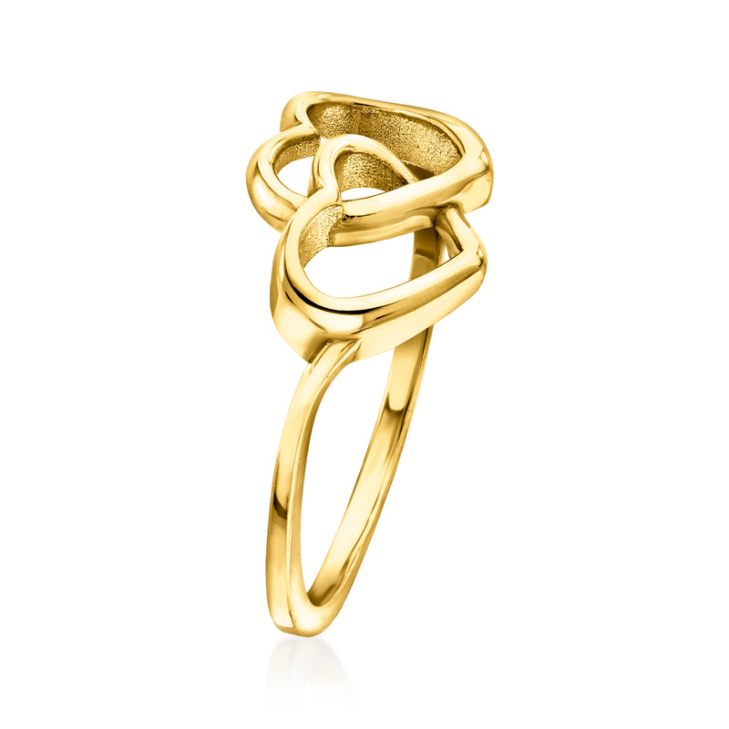 Yellow gold interlocking heart ring, side view with open heart detail