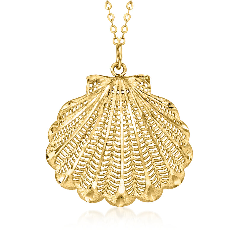 14kt yellow gold scallop seashell pendant necklace with chain and bail