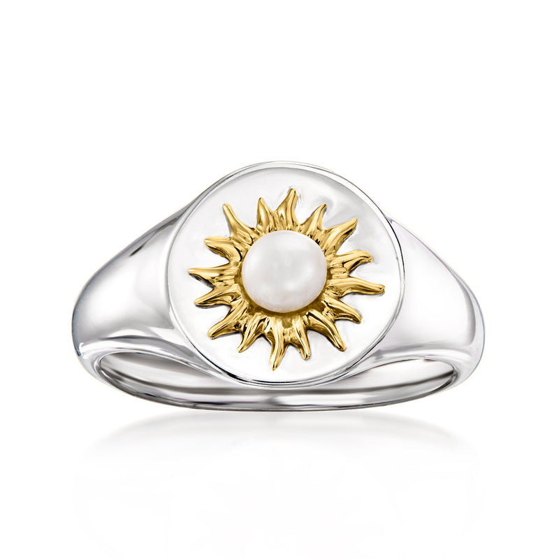 Cultured pearl sun ring with white pearl and gold sunburst set in silver