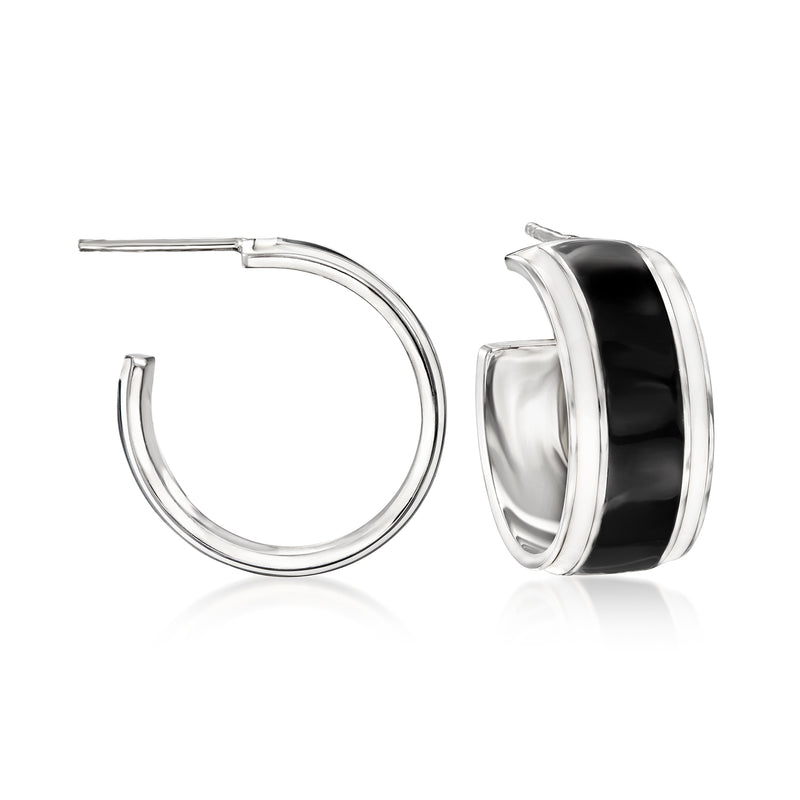 Sterling silver enamel hoop earrings with black and white panels