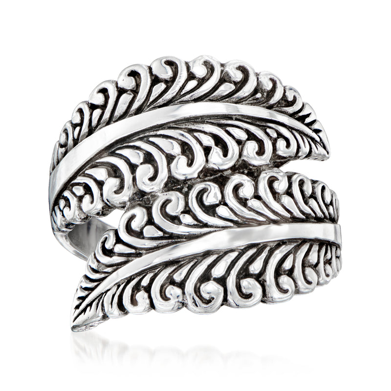 Sterling silver leaf bypass ring with ornate embossed swirl detail