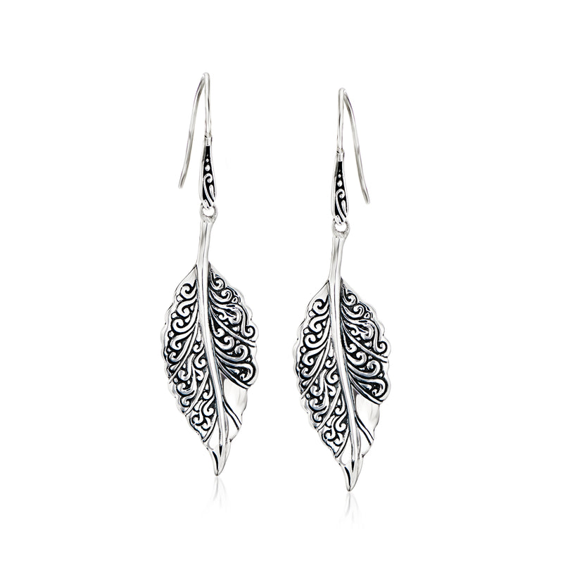 Sterling silver leaf drop earrings with Bali-style filigree and earwires