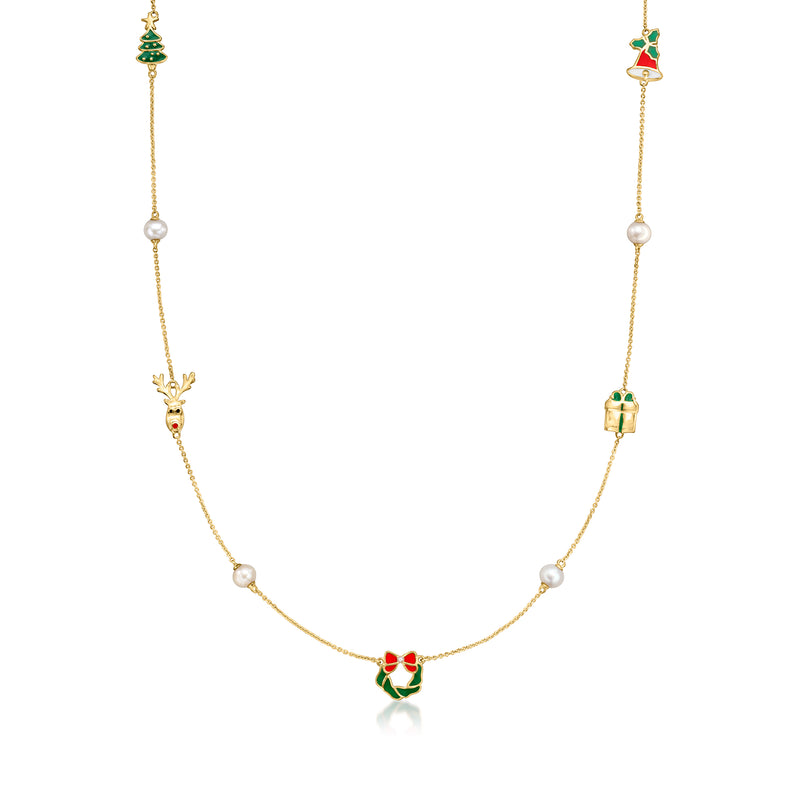 18kt gold over sterling necklace with white pearls and multicolored enamel Christmas charms