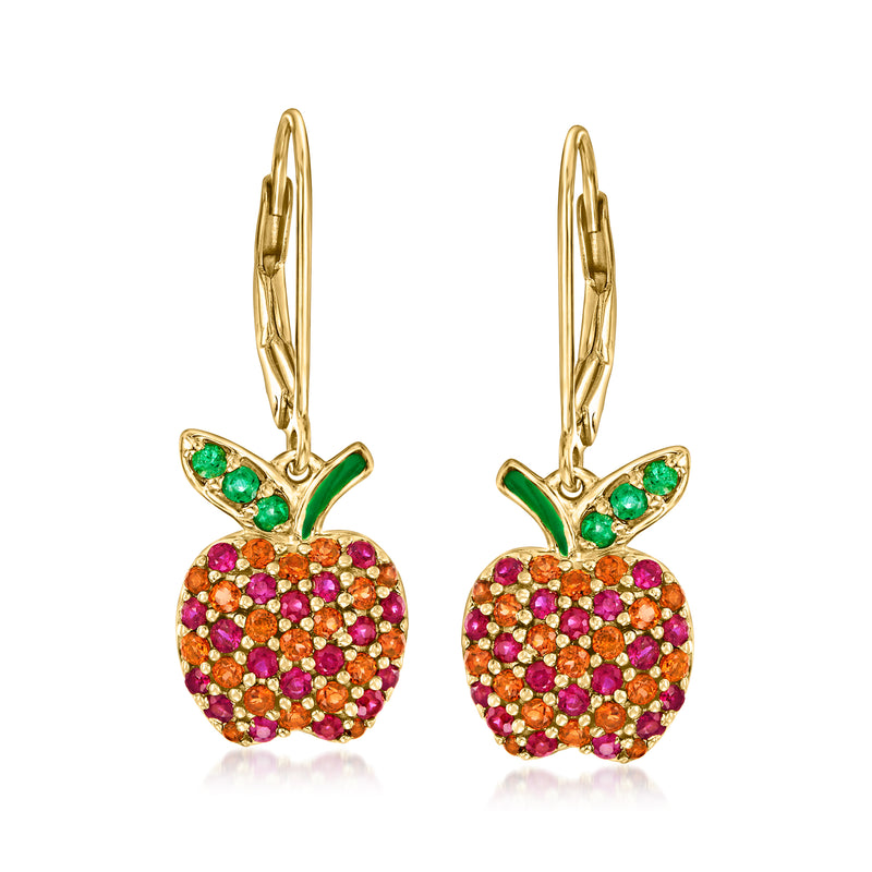 Gold apple drop earrings with green enamel leaves and multicolor gemstone fruit, leverback