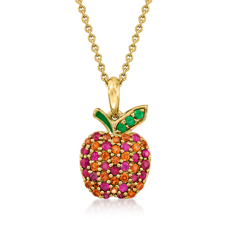 Multi-gemstone apple pendant necklace with green enamel leaf in gold over sterling