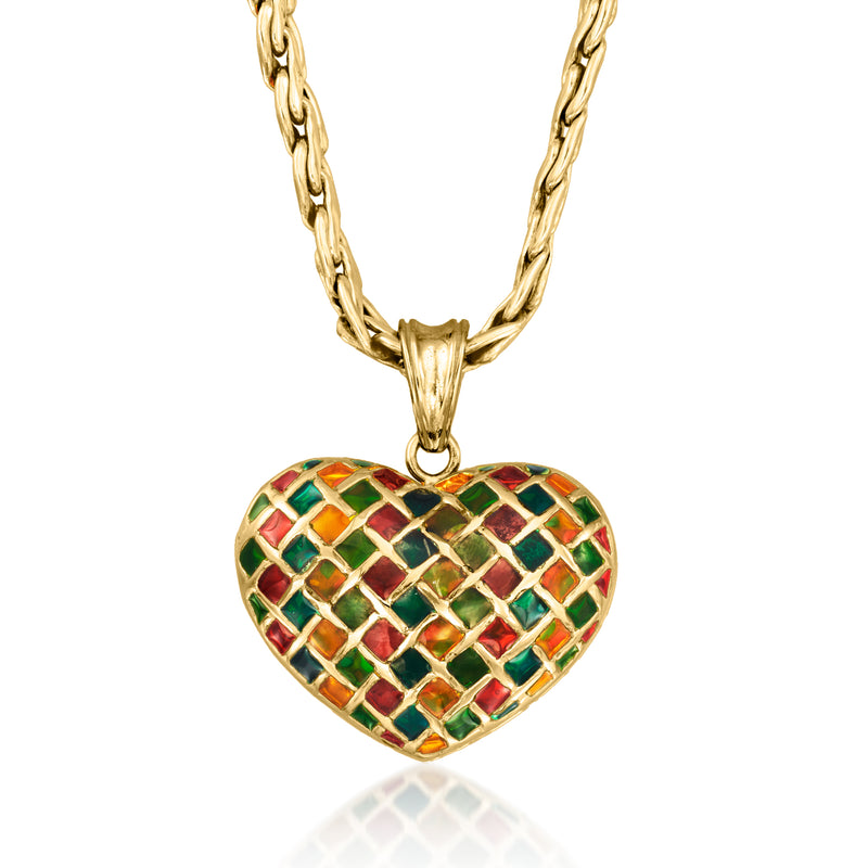 18kt yellow gold heart pendant necklace with multicolored enamel puffed design
