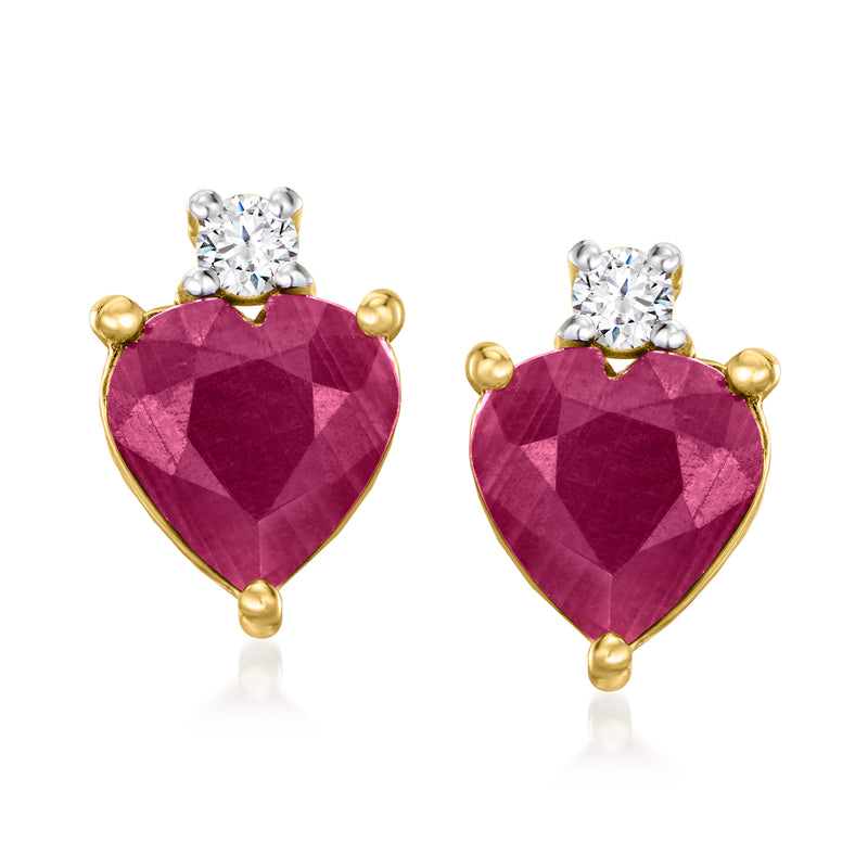 Ruby heart stud earrings in 14kt yellow gold with diamond accents