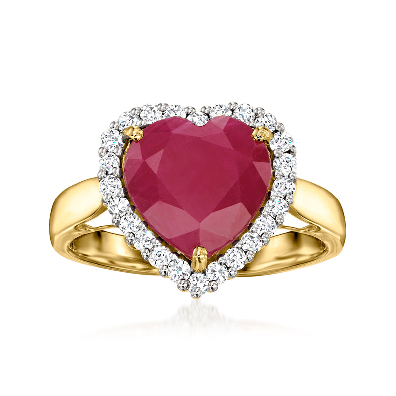 Heart ruby ring with diamond halo and 14k yellow gold band