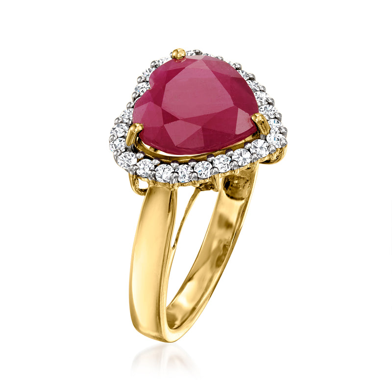 Heart ruby and diamond halo ring on 14k yellow gold band, side view