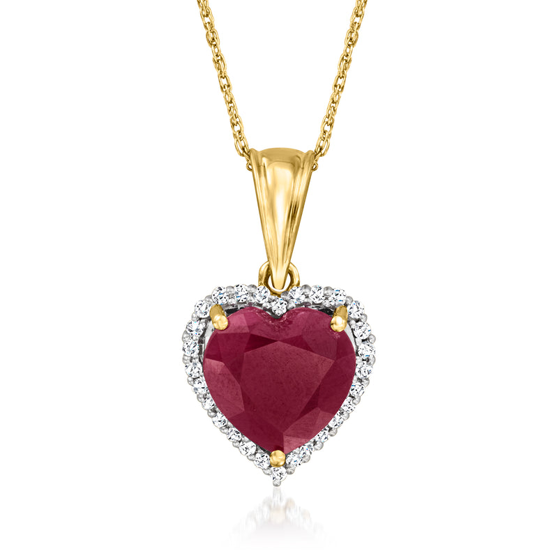 14kt yellow gold heart pendant with ruby center and diamond halo